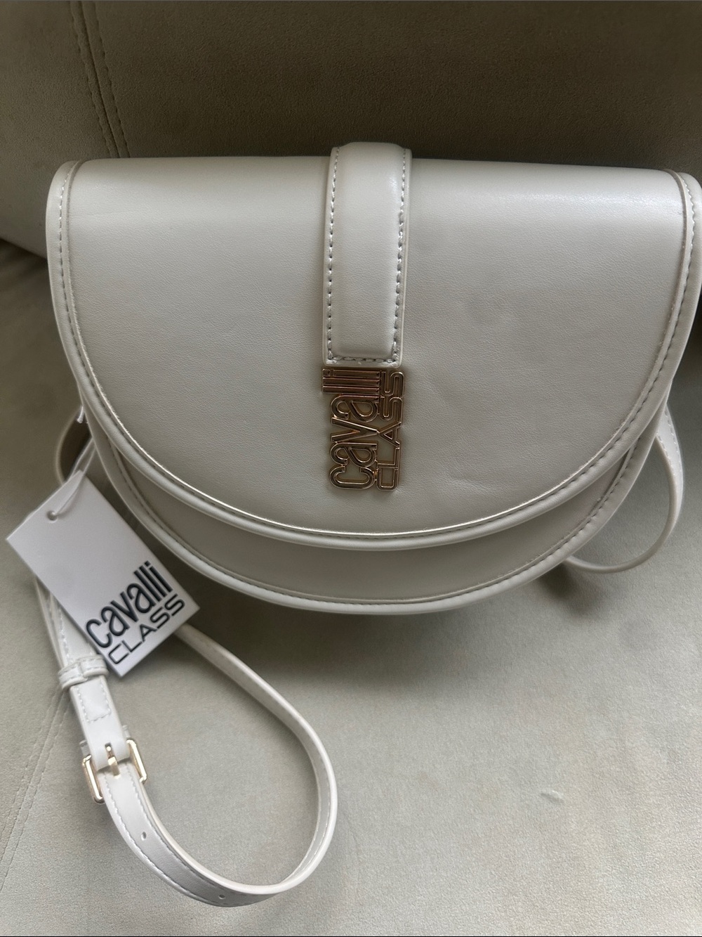 Cavalli Class Cream Half-Moon Crossbody with Gold Logo